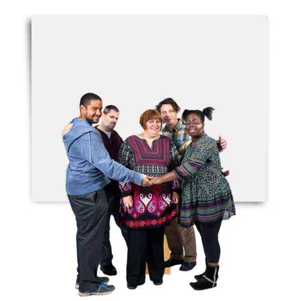 A picture of 5 people meeting and supporting each other