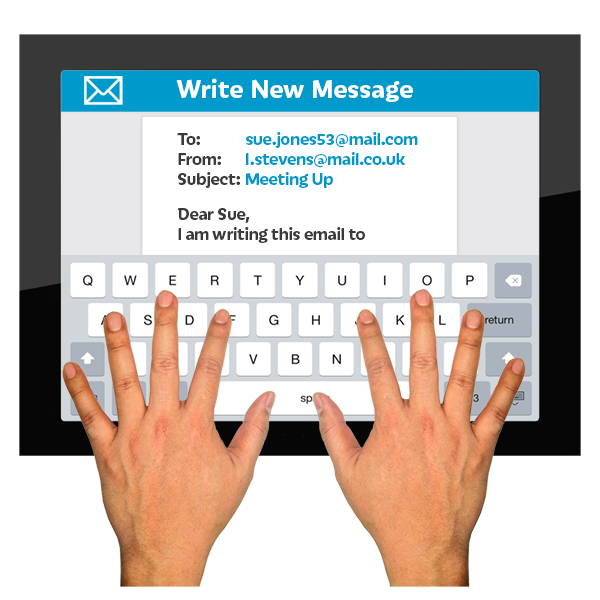A picture of hands above a keyboard trying and email